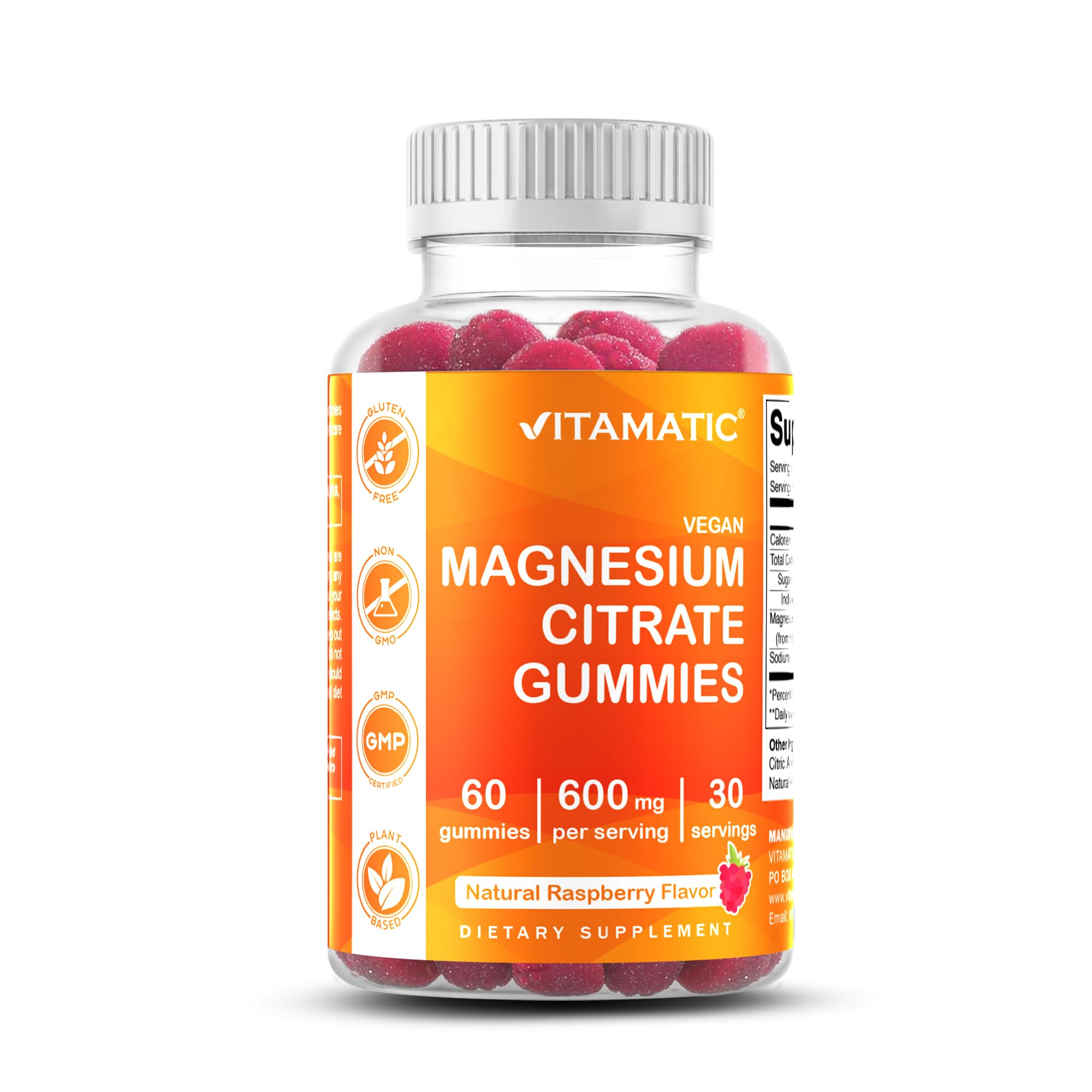 Vitamatic Magnesium Citrate Gummies, 600 mg, 60 Vegan Gummies | 600 mg Magneisum Citrate Per Serving with 70 mg of Elemental Mg, Natural Raspberry Flavor, Non-GMO, Gluten Free, Pectin Based