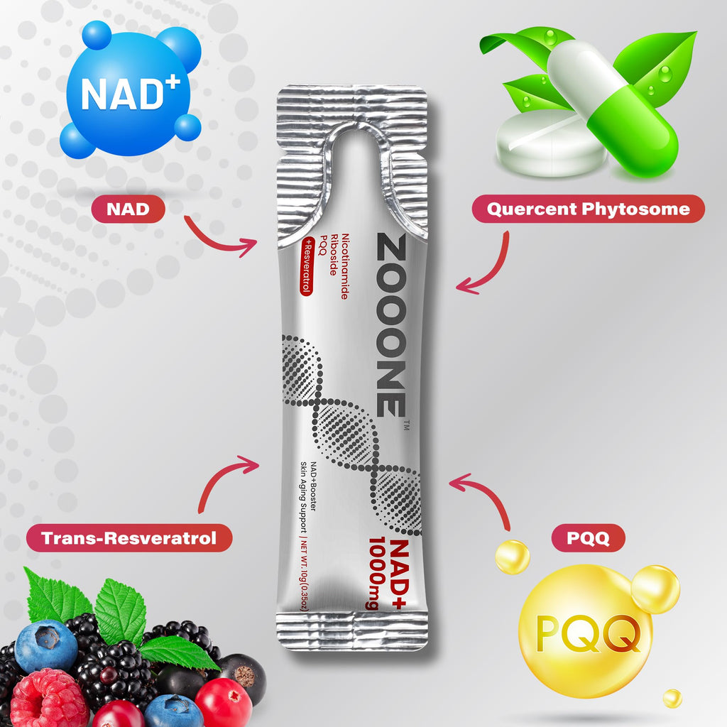 zooone NAD+ Liquid Packets 1000mg, NMN Supplement Alternative with Aging-Supportive Resveratrol, CoQ10, D-Ribose & PQQ for Cellular Energy, 30 On-The-Go Single Serve Packets