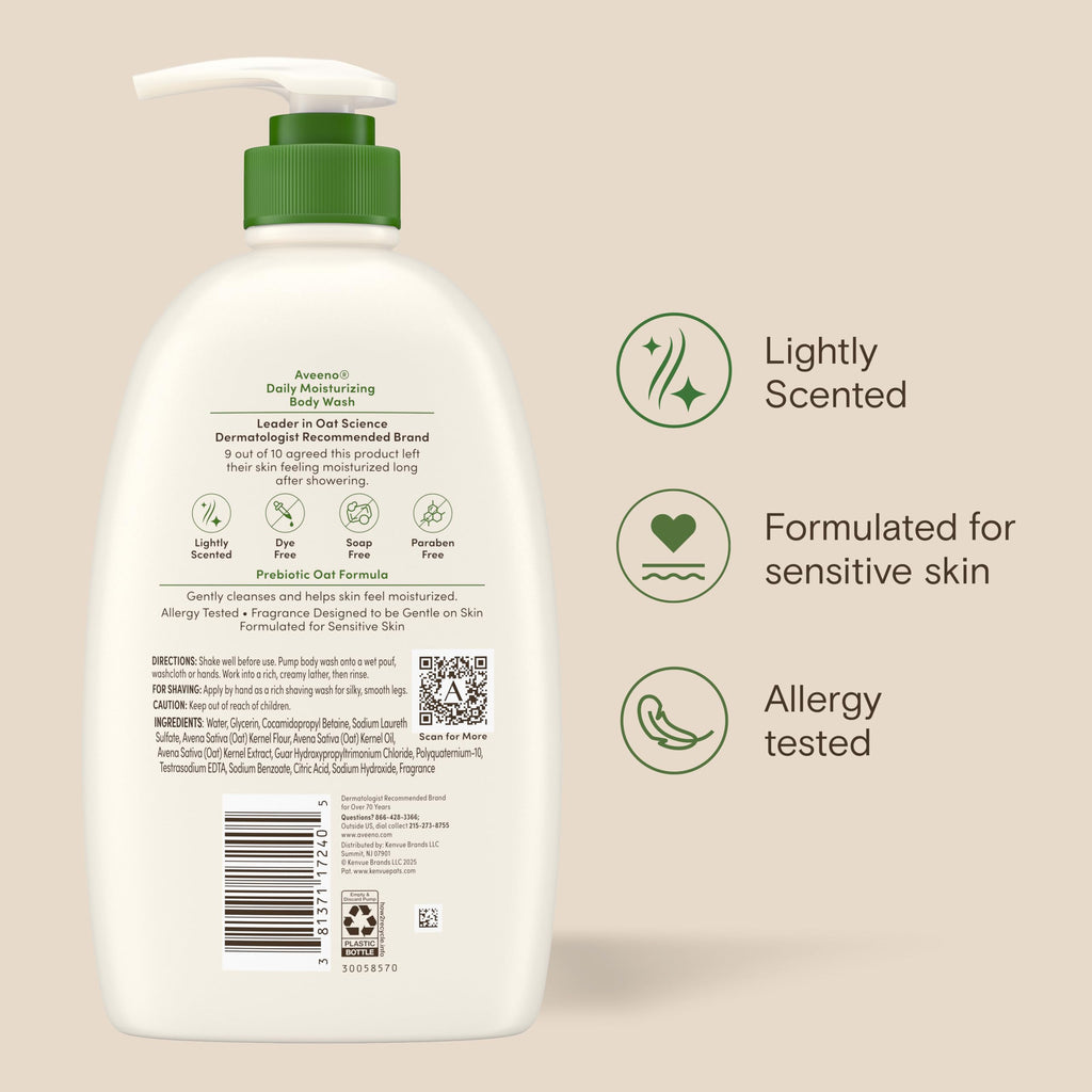 Aveeno Daily Moisturizing Body Wash for Normal to Dry Skin, Sensitive Formula with Prebiotic Oat, Gently Cleanses Dry Skin, Lightly Scented Body Wash for Women and Men, Value Size 33 fl. Oz