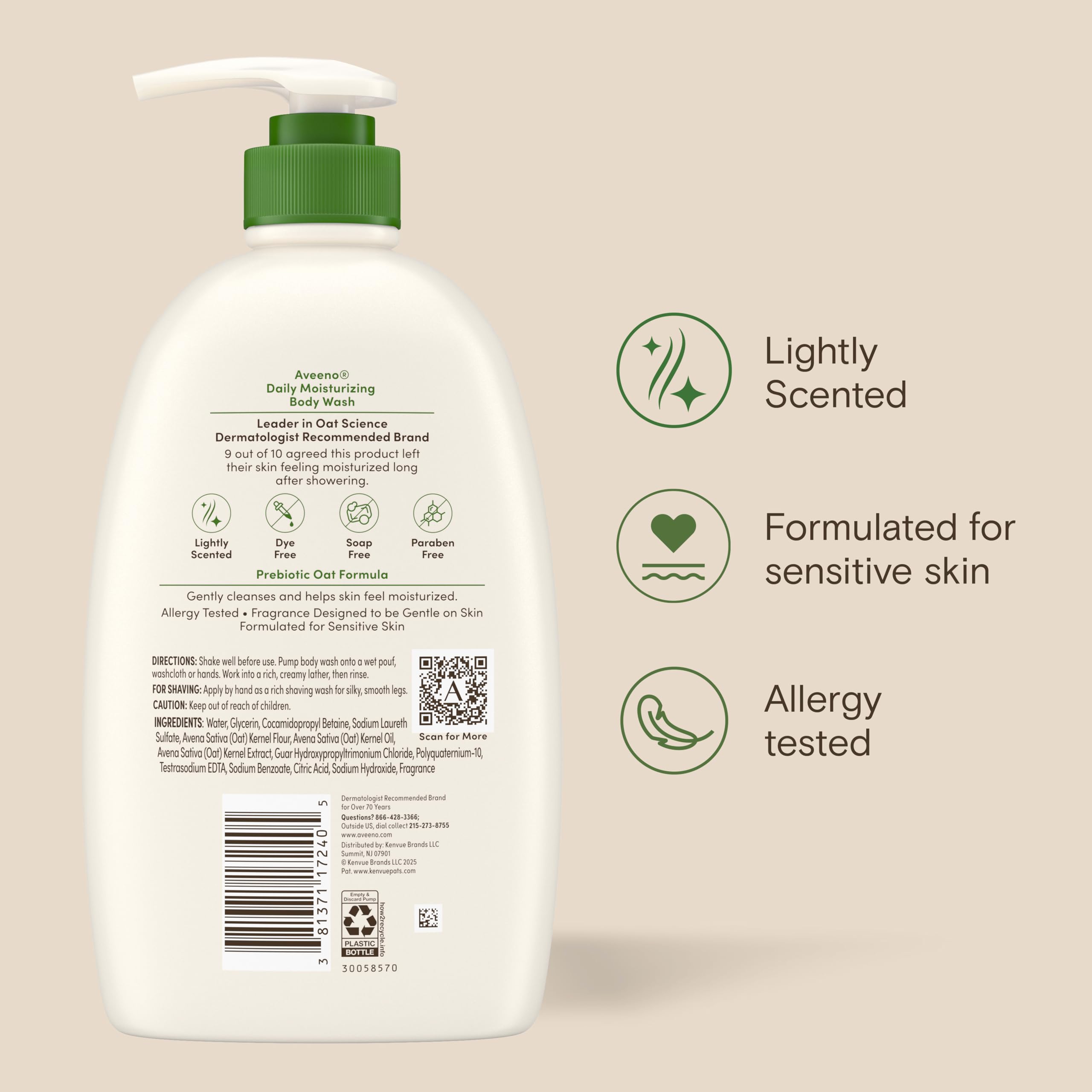 Aveeno Daily Moisturizing Body Wash for Normal to Dry Skin, Sensitive Formula with Prebiotic Oat, Gently Cleanses Dry Skin, Lightly Scented Body Wash for Women and Men, Value Size 33 fl. Oz
