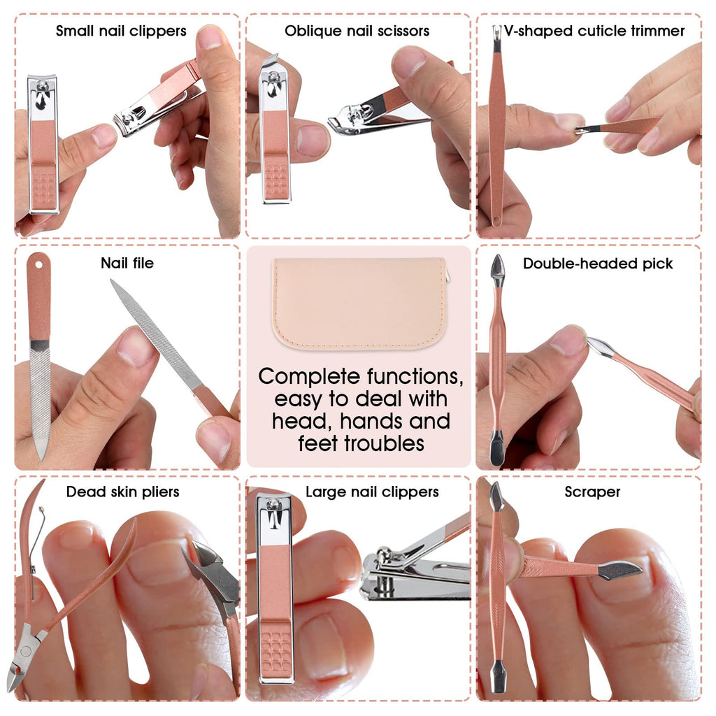 Nail Clippers & Beauty Tool Portable Set, Rose Gold Manicure Set, 12 in 1. | Martensitic Stainless Steel, Pink Leather Bag, Suitable for Home, Workplace, Outdoor Travel, Gift Giving, Salon.