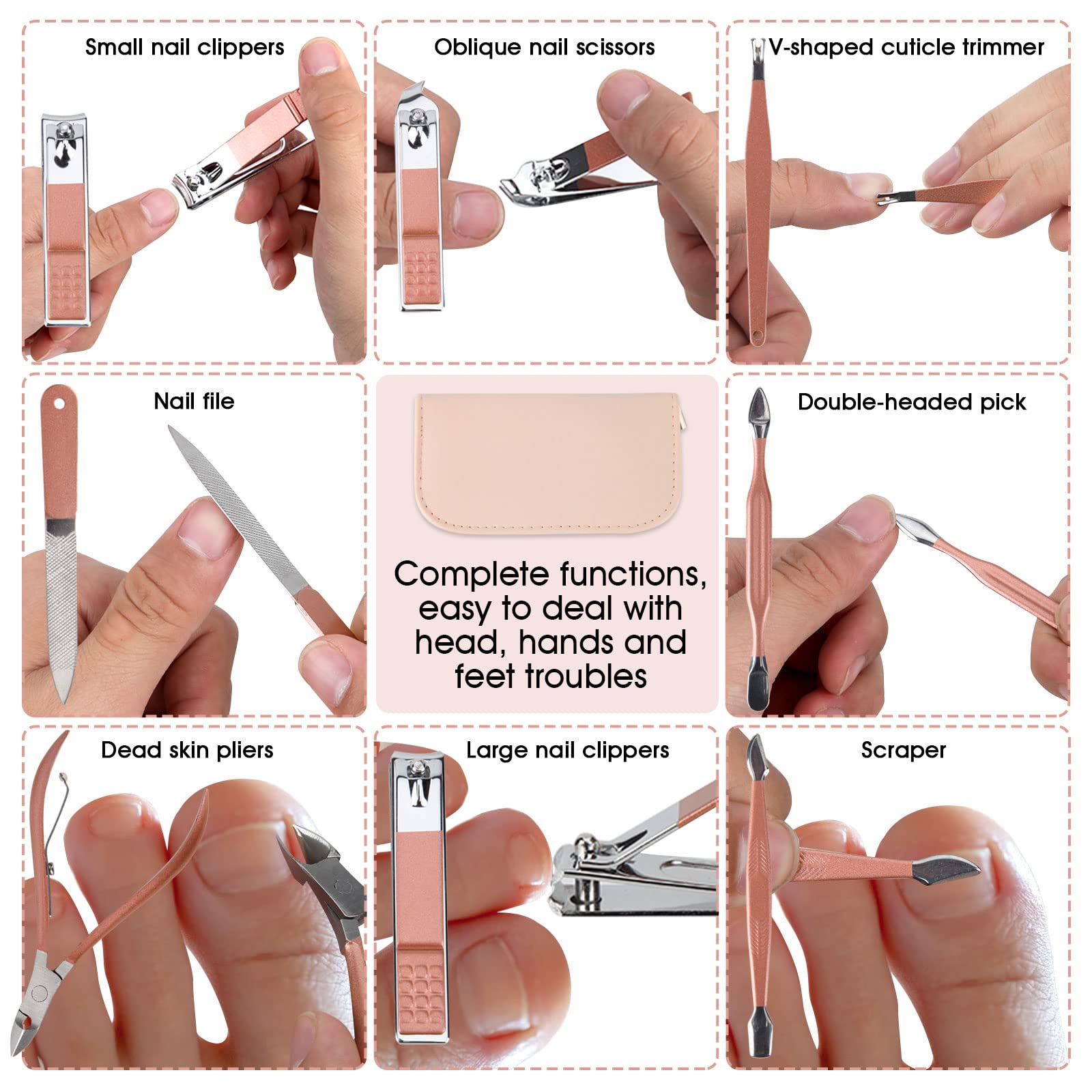 Nail Clippers & Beauty Tool Portable Set, Rose Gold Manicure Set, 12 in 1. | Martensitic Stainless Steel, Pink Leather Bag, Suitable for Home, Workplace, Outdoor Travel, Gift Giving, Salon.