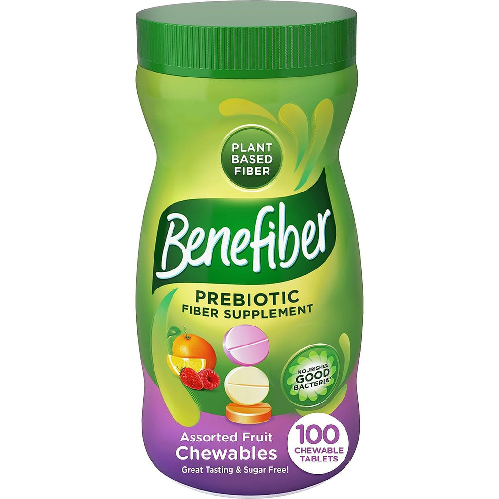 Benefiber Chewable Prebiotic Fiber Tablets, Assorted Fruit Flavors, 100 Ct | Plant-based Prebiotic Fiber, Supports Gut Health by Nourishing Good Gut Bacteria, GLP-1 Support for Digestive Health