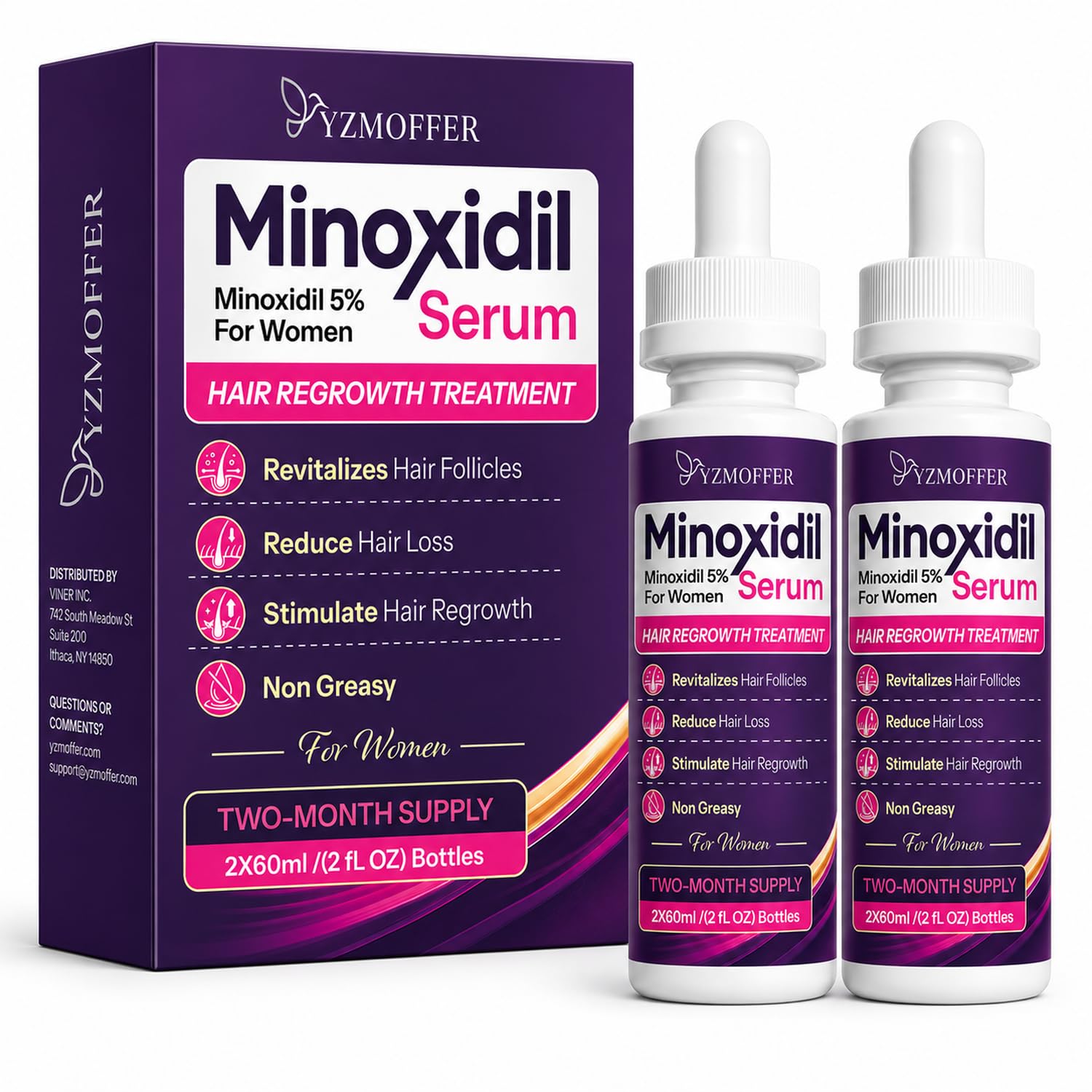 Minoxidil 5% Hair Regrowth Treatment for Women, 2-Month Supply | Topical Serum Drops for Thinning Hair, Revitalizes Hair Follicles, Reduces Hair Loss, Non-Greasy Liquid Formula