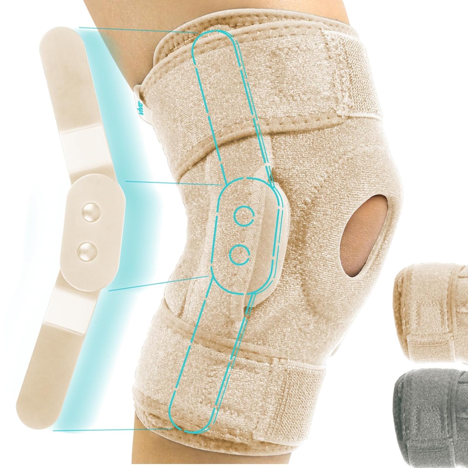 Buy now Vive Hinged Knee Brace - Relieves ACL, MCL, Meniscus Tear - Lightweight, Comfortable, Breathable Open Patella Wrap with Side Stabilizers - for Women & Men - Adjustable Strap for Tendonitis Small Beige at indiglob india