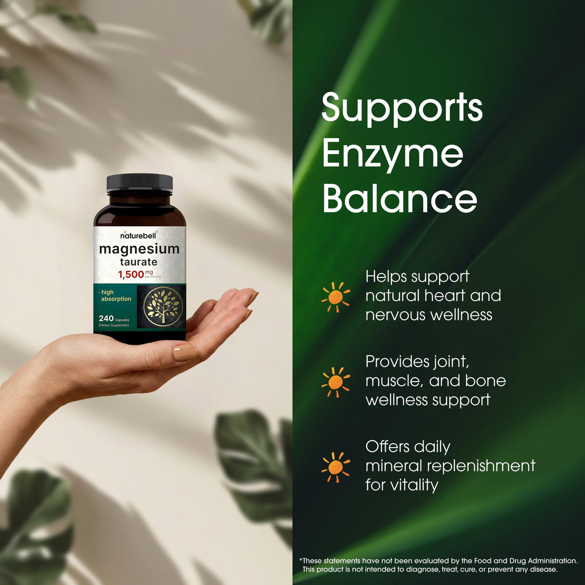 NatureBell Magnesium Taurate - 240 Capsules - 1,500mg High Absorption Chelated Formula - with Amino Acid Taurine - Heart Health, Nervous System, Muscle & Bone Health Support*