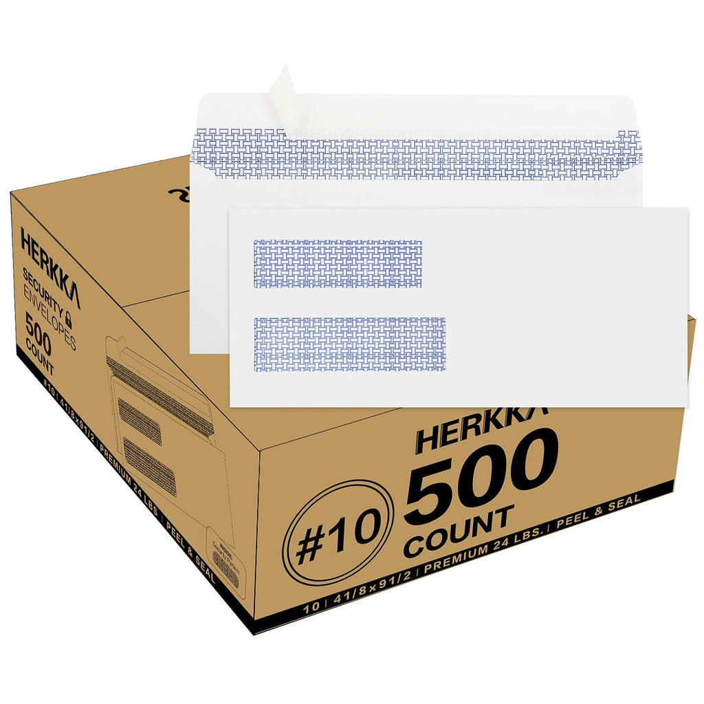 500 Pack #10 Double Window Security Self-Seal Envelopes - Suitable Size for Multiple Business Statements, Quickbooks Invoices, and Return Envelopes, Size 4-1/8 x 9-1/2 - White - 24 LB