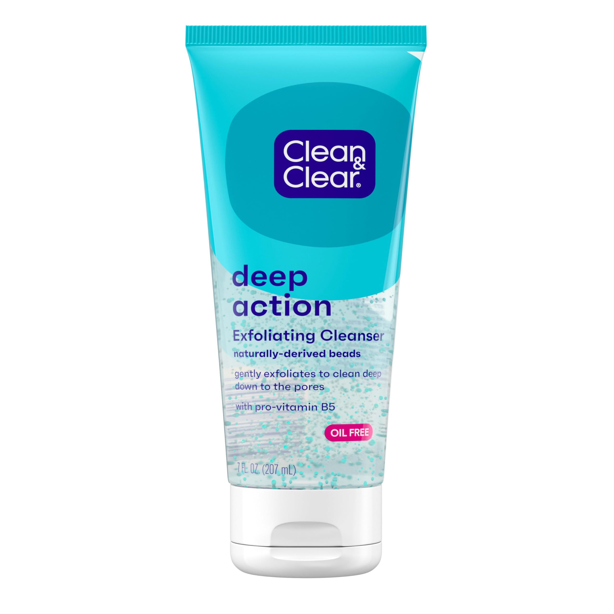 Clean & Clear Oil-Free Deep Action Exfoliating Facial Cleanser, 7 fl oz | Pro-Vitamin B5, Gentle Exfoliating Daily Face Wash, Smooth Hydrated Skin, Paraben-Free