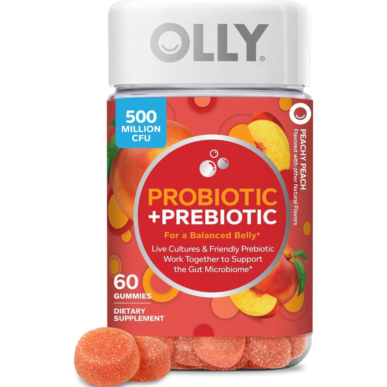 OLLY Probiotic + Prebiotic Gummy, 500 million CFUs, Peachy Peach - 30 Count