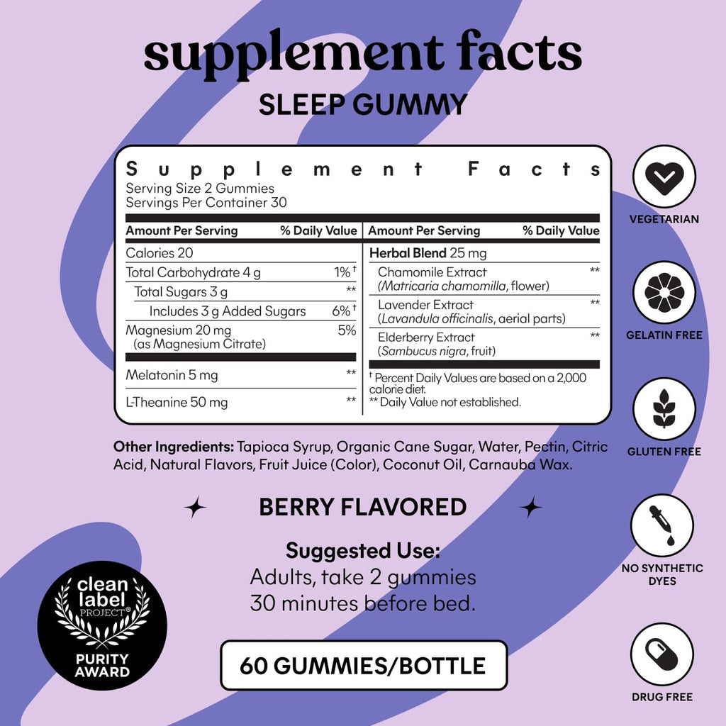 Lemme Sleep Gummies with 5mg Melatonin, 30-Day Supply | 5 mg Melatonin, Elderberry, Magnesium, L-Theanine, Chamomile, Lavender, Drug-Free Sleep Aid, Gluten & Gelatin Free, Non GMO