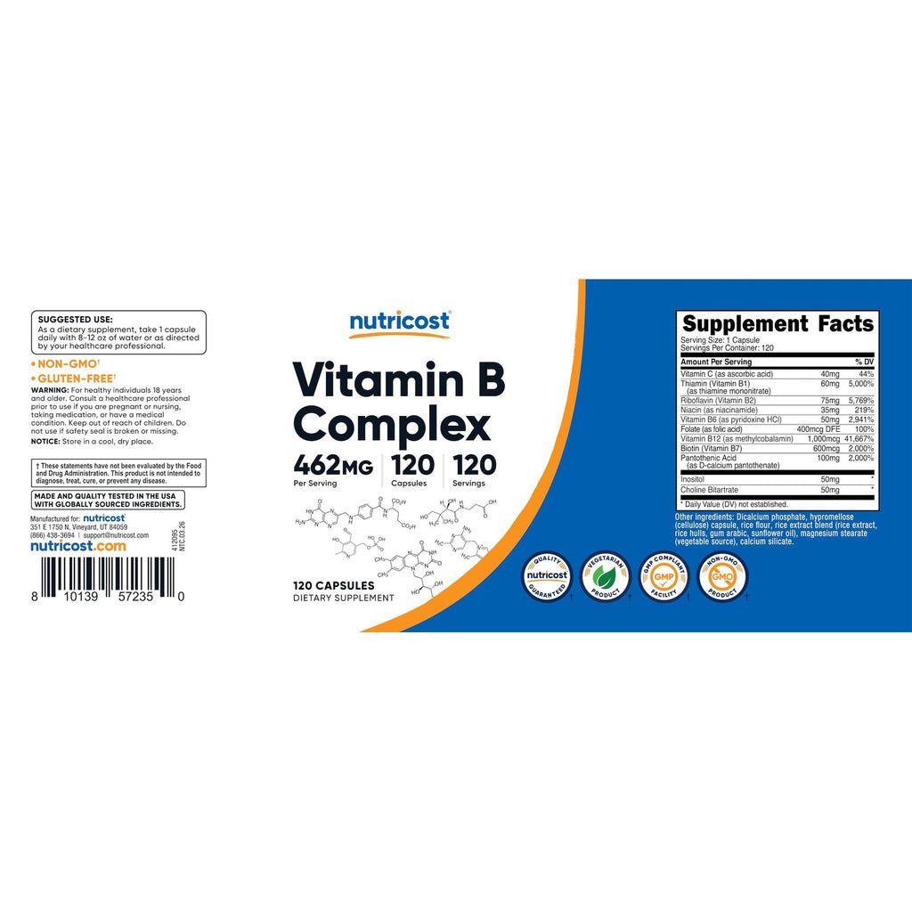 Nutricost High Potency Vitamin B Complex 462mg, 120 Capsules | Energy Complex with Vitamin C