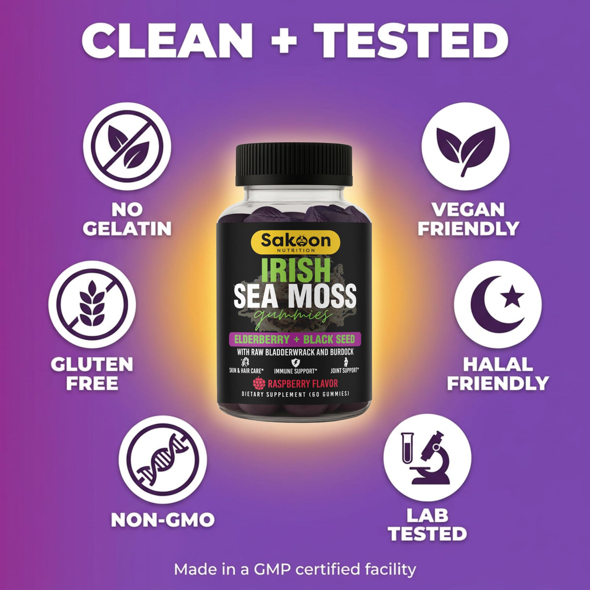 Sakoon nutrition Wildcrafted Irish Sea Moss Gummies with Bladderwrack, Burdock Root, Elderberry & Black Seed Oil – Vegan, Non-GMO – 60 Gummies