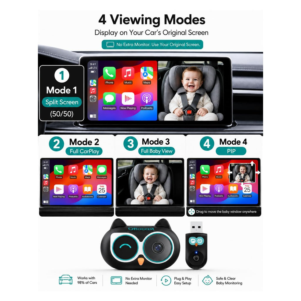 OTTOCAST Baby Car Camera 2026,Wireless CarPlay Adapter (No Android Support)