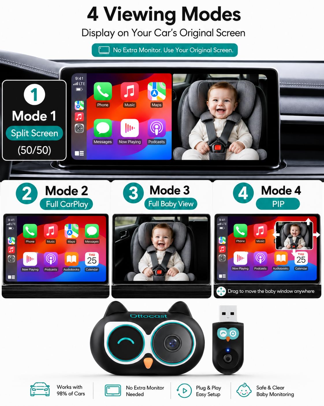 OTTOCAST Baby Car Camera 2026,Wireless CarPlay Adapter (No Android Support)