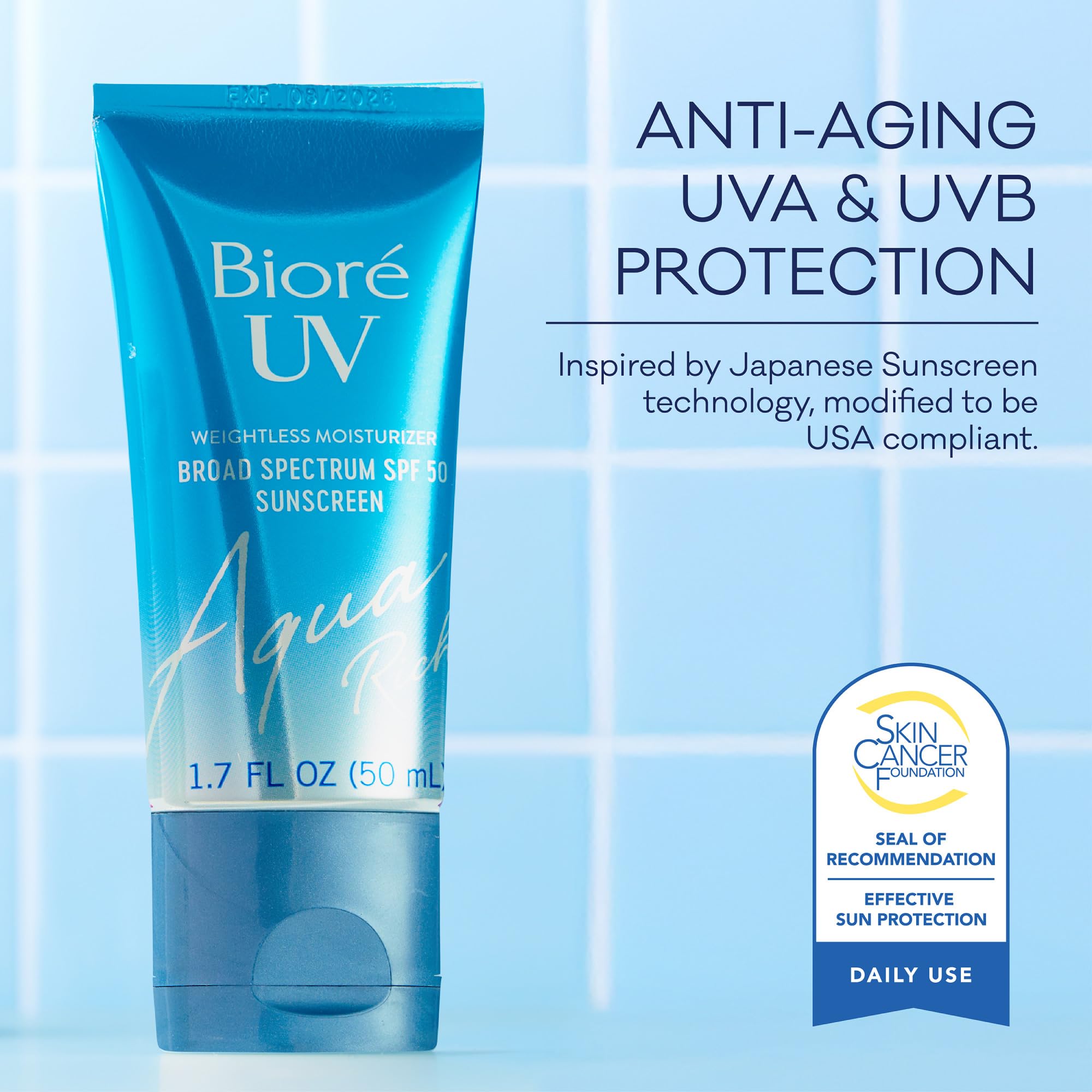 Biore UV Aqua Rich Moisturizer SPF 50 Facial Sunscreen, 1.7 fl oz | Oil-Free Daily Face Sunscreen, Hyaluronic Acid, Lightweight, Non-Comedogenic, Dermatologist Tested, Sensitive Skin