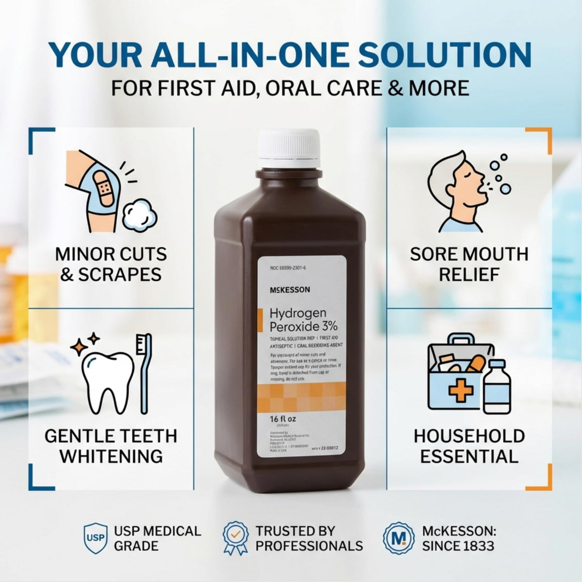 McKesson Hydrogen Peroxide 3%, Topical Solution USP, 16 oz, 1 ct