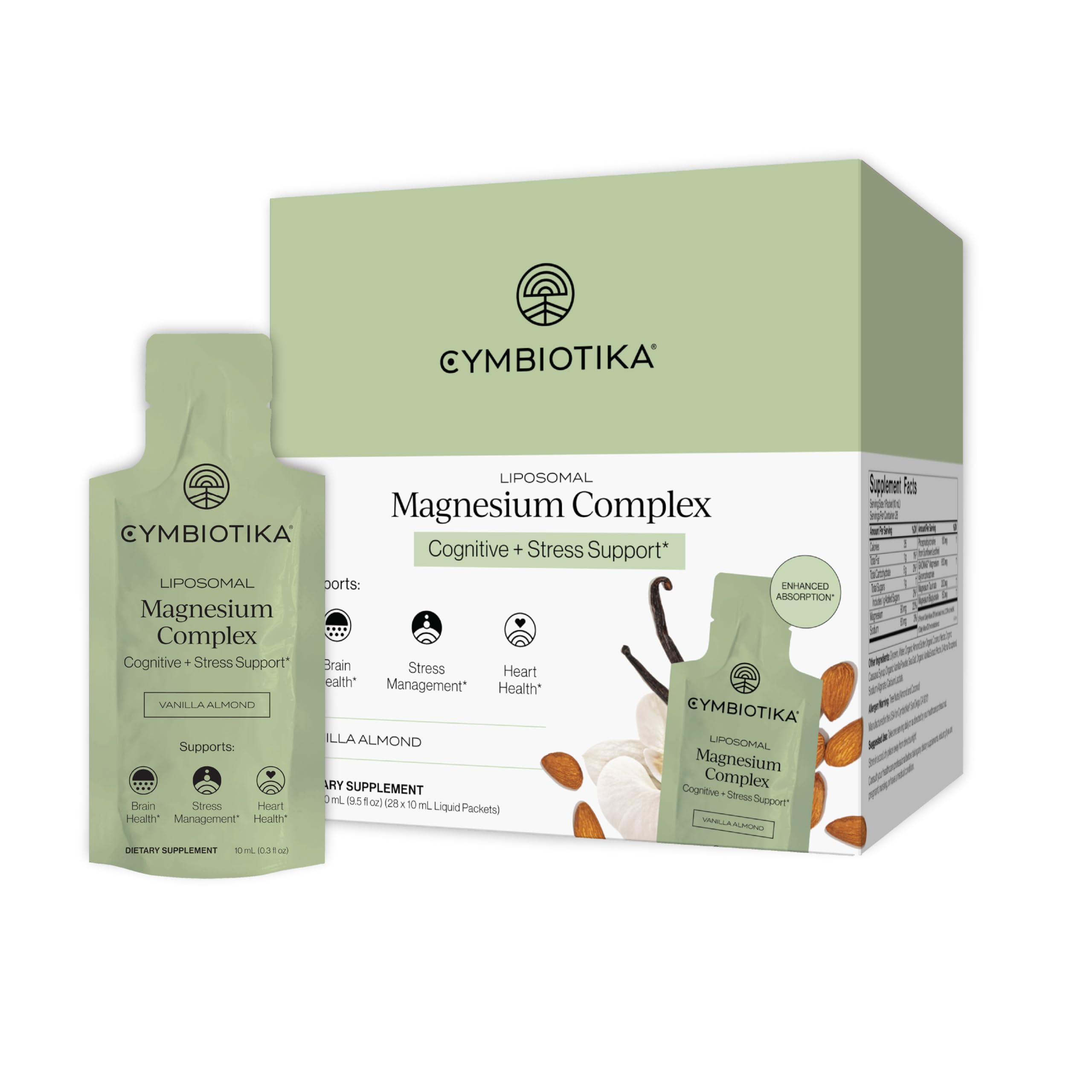 CYMBIOTIKA Liposomal Magnesium Complex for Sleep, Calm, Relax & Recovery | 3 forms: taurate, bisglycinate & glycerophosphate. Highly absorbable, stomach-friendly. Vanilla Almond, 28 pouches. Vegan.