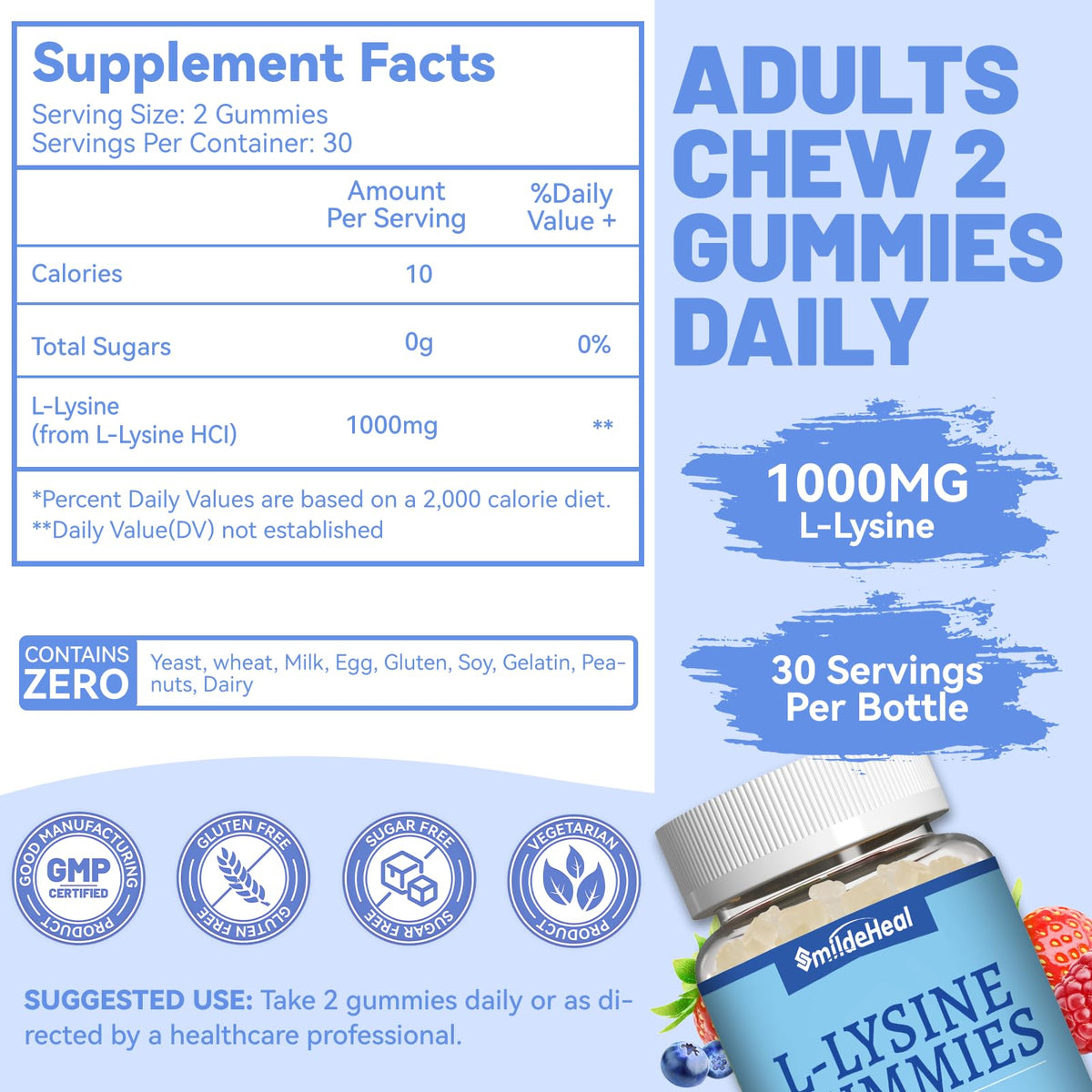 L-Lysine 1000mg Gummies, Chewable Lysine Supplement for Adults