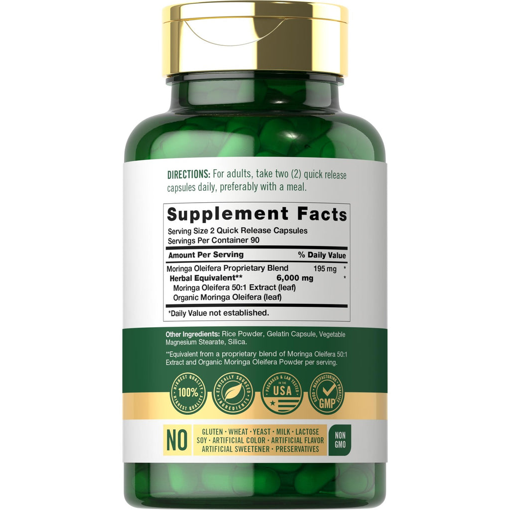 Carlyle Moringa Oleifera Supplement | 180 Capsules | Complete Green Superfood for Women and Men | From Moringa Leaf Powder | Non-GMO and Gluten Free
