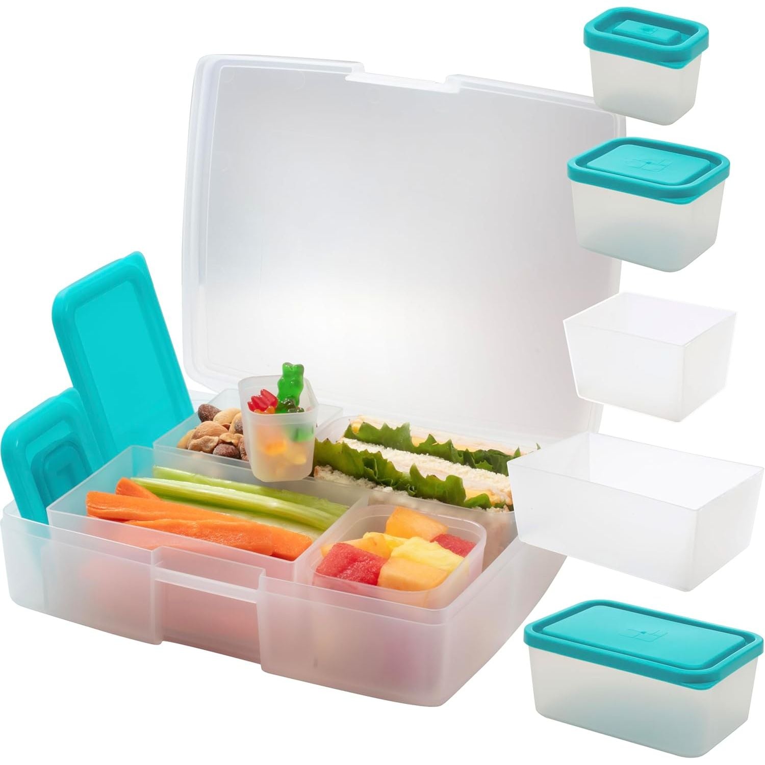 Buy now BentologyTM Clear Bento Lunch Box Set w 5 Removable Nesting Containers- Adapt Inner Compartment Portion Sizes- Meal Prep Snack Holders for Back to School, Leakproof Durable & BPA Free- Dishwasher Safe Clear Teal at indiglob india