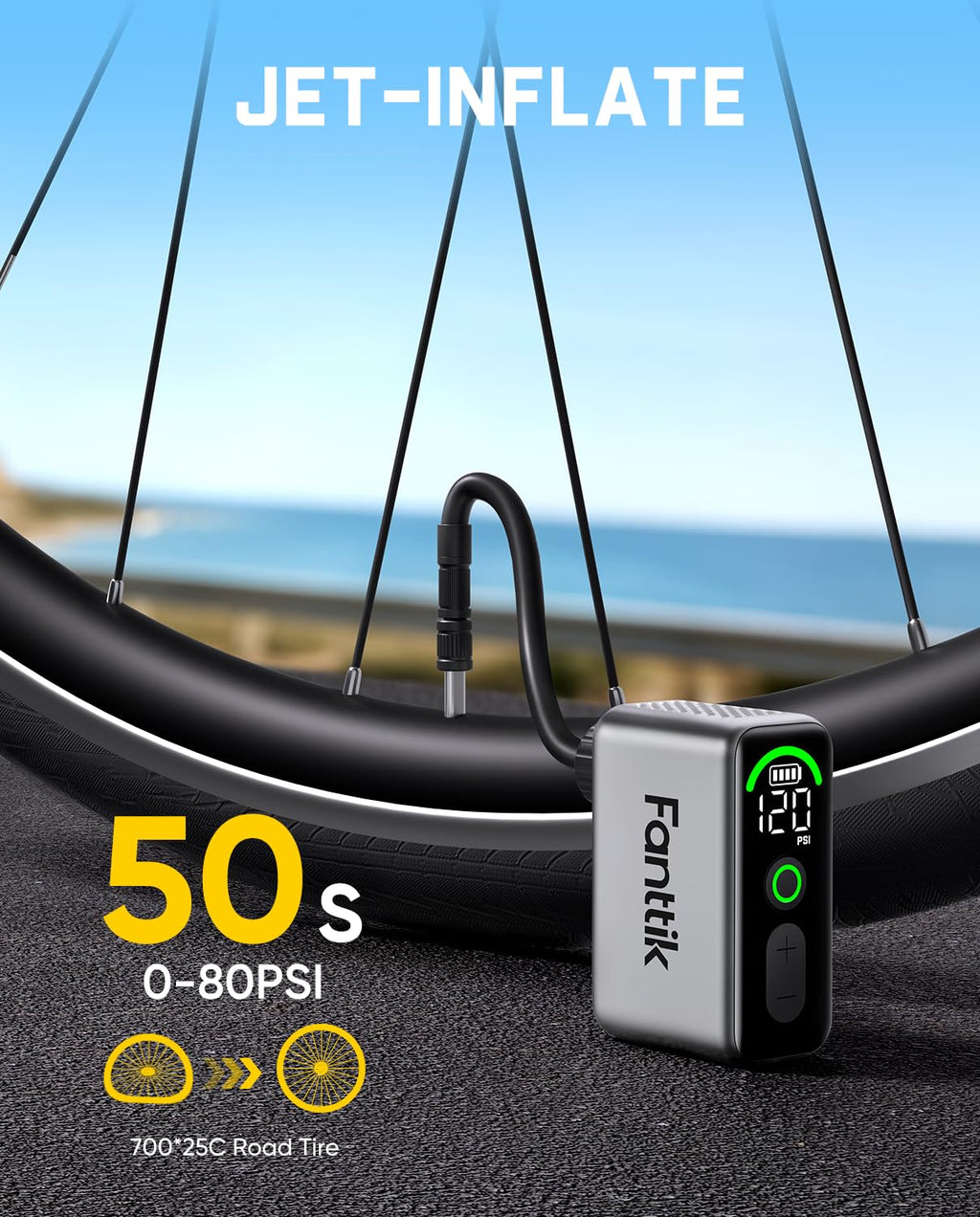 Fanttik X10 Ace Tiny Electric Bike Pump, 120PSI, 22s Inflate, Auto Stop