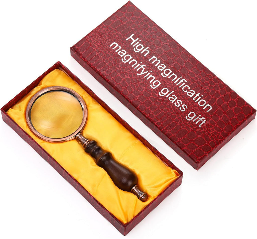 Hiceeden 10X Antique Magnifying Glass, Brass Handheld Magnifier with Wooden Handle, Decorative Reading Magnifying Lens, Vintage Gift for Elderly, Senior
