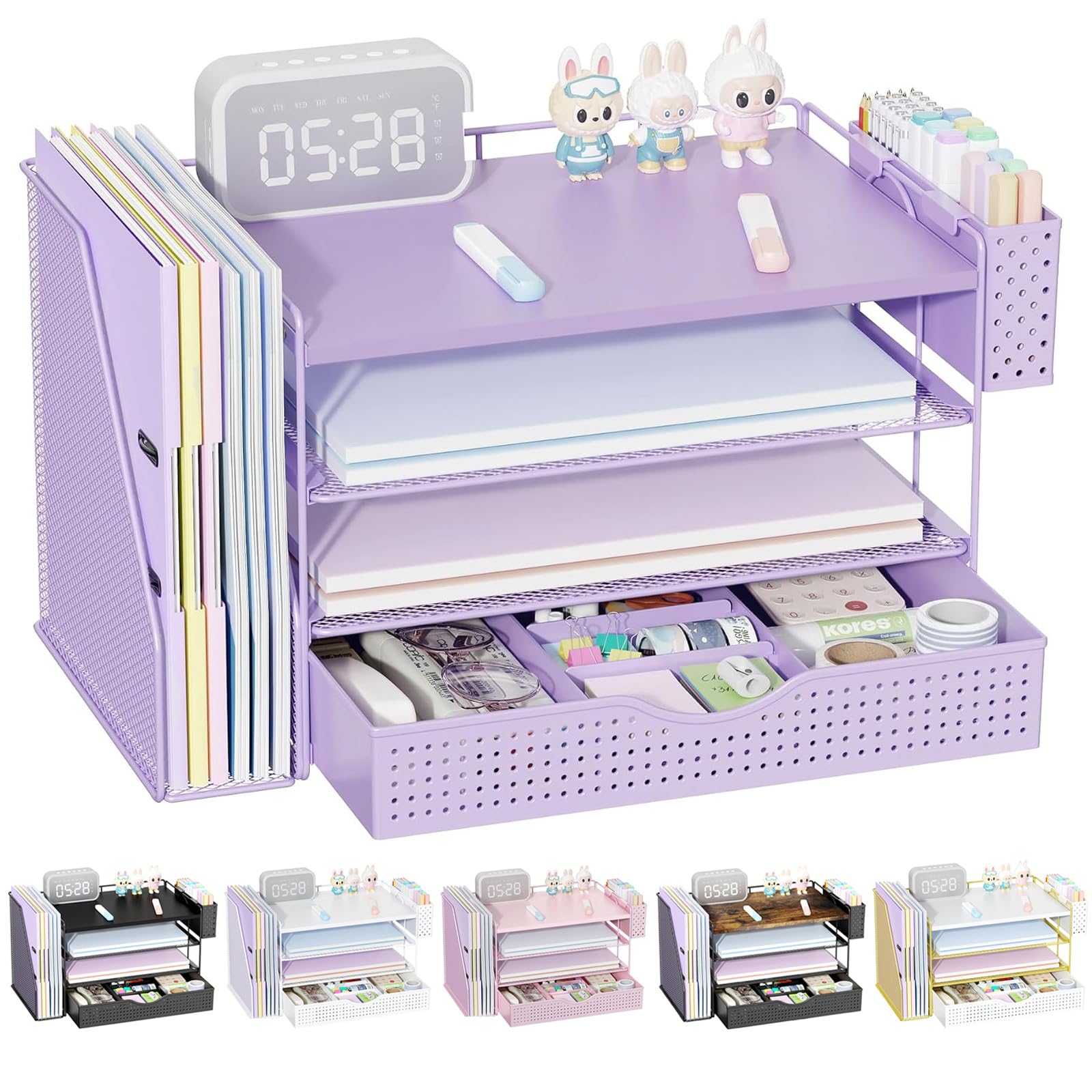 Buy now gianotter Wood Desk Organizers and Accessories with File Holder, 4-Tier Desk Accessories & Workspace Organizers with Drawer and Pen Holder, Paper Organizer for Office Supplies (Black) Purple at indiglob india