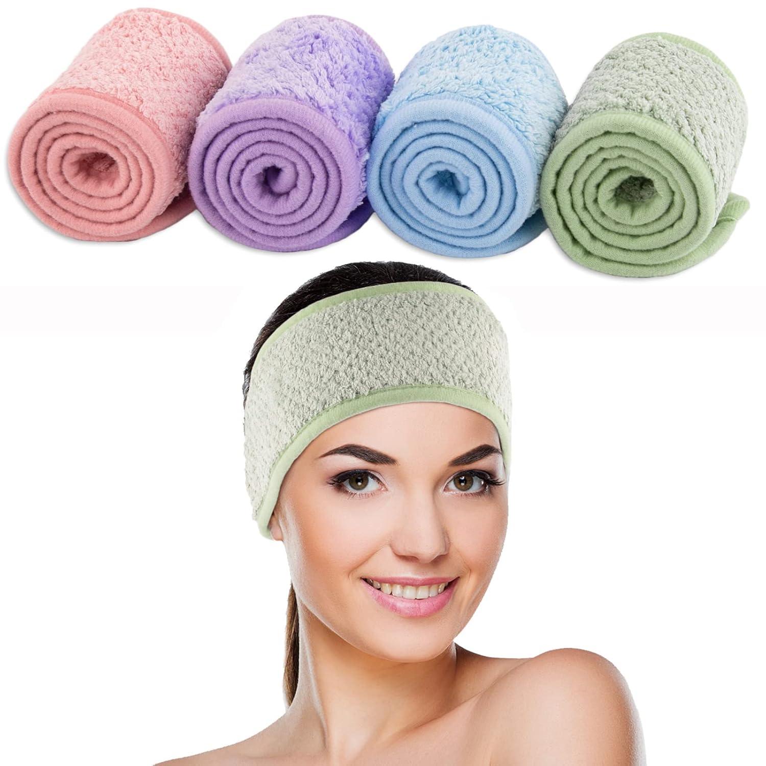 Buy now Whaline 4 Pack Spa Facial Headband Makeup Hair Wrap Adjustable Hair Band Soft Towel Head Band for Face Washing, Shower Sports Yoga (Pea Green, Pink, Beige, Light Gray) Pea Green, Pink-Orange, Blue, Light Purple at indiglob india