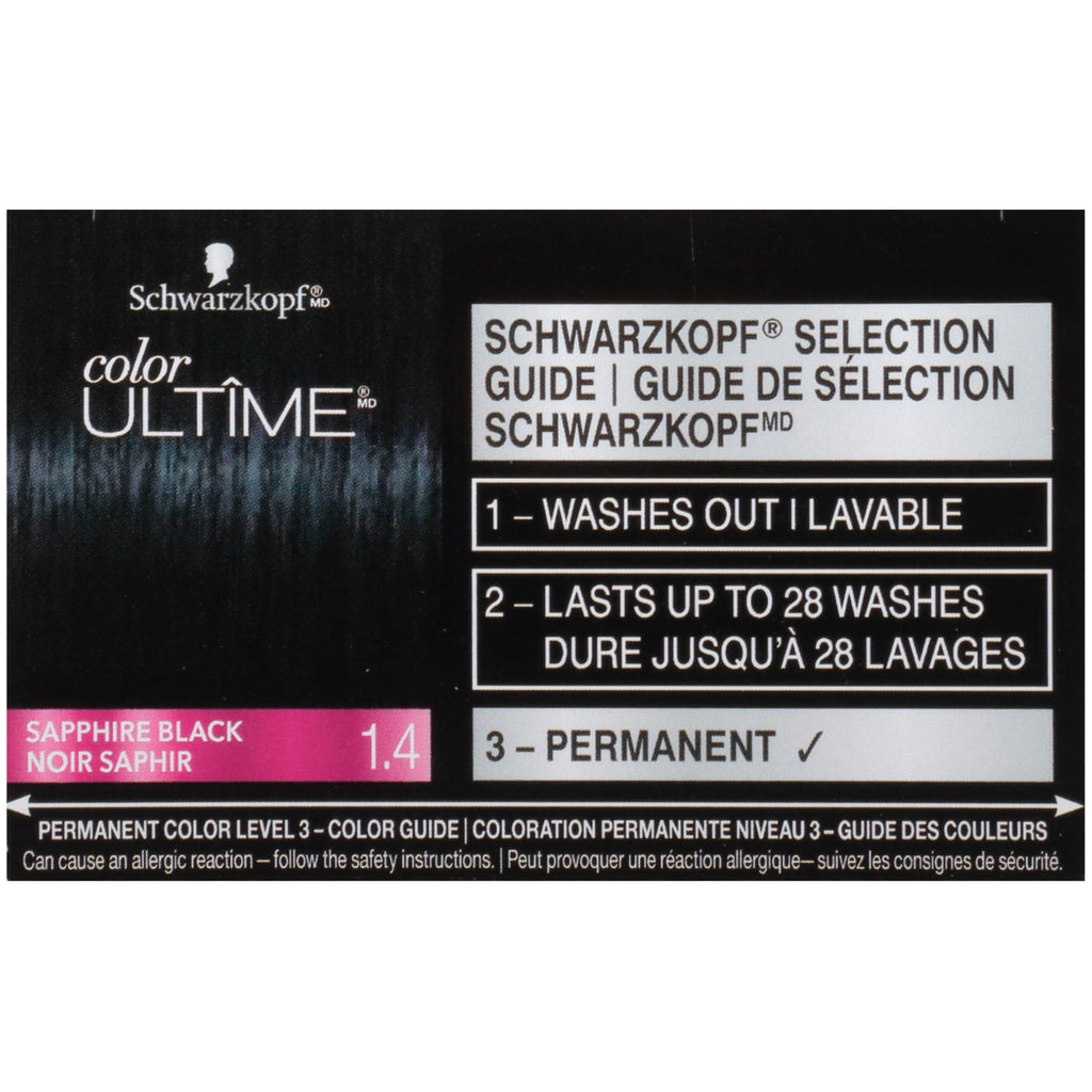 Schwarzkopf Color Ultime 1.4 Sapphire Black Hair Dye, Permanent Intense Black with Diamond Brilliance, Fade-Resistant, Covers Grays, All Hair Textures (Pack of 2)