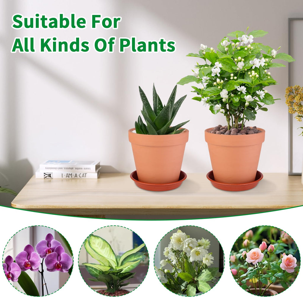 6 Pack 6 Inch Terracotta & Clay Pots with Plastic Saucer for Plants