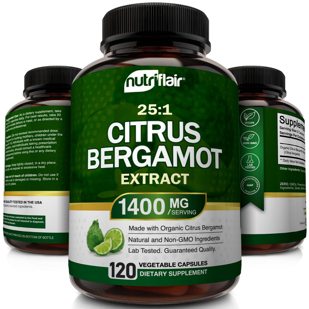 NutriFlair Organic Citrus Bergamot 1400mg, 120 Capsules - 25:1 Bergamia - Essential Oil and Citrus Bioflavonoids - Natural Heart Health Supplements for Women and Men - Non-GMO Pills