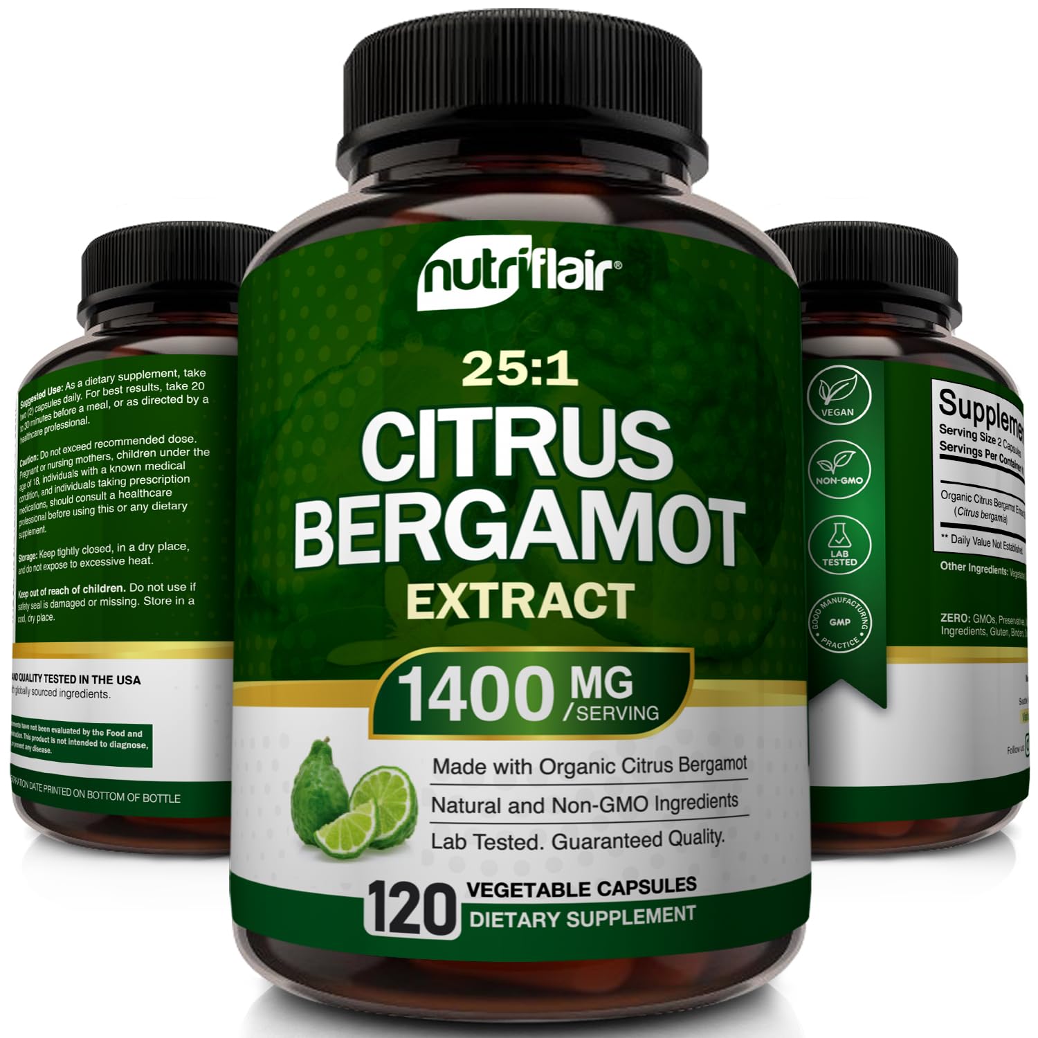 NutriFlair Organic Citrus Bergamot 1400mg, 120 Capsules - 25:1 Bergamia - Essential Oil and Citrus Bioflavonoids - Natural Heart Health Supplements for Women and Men - Non-GMO Pills