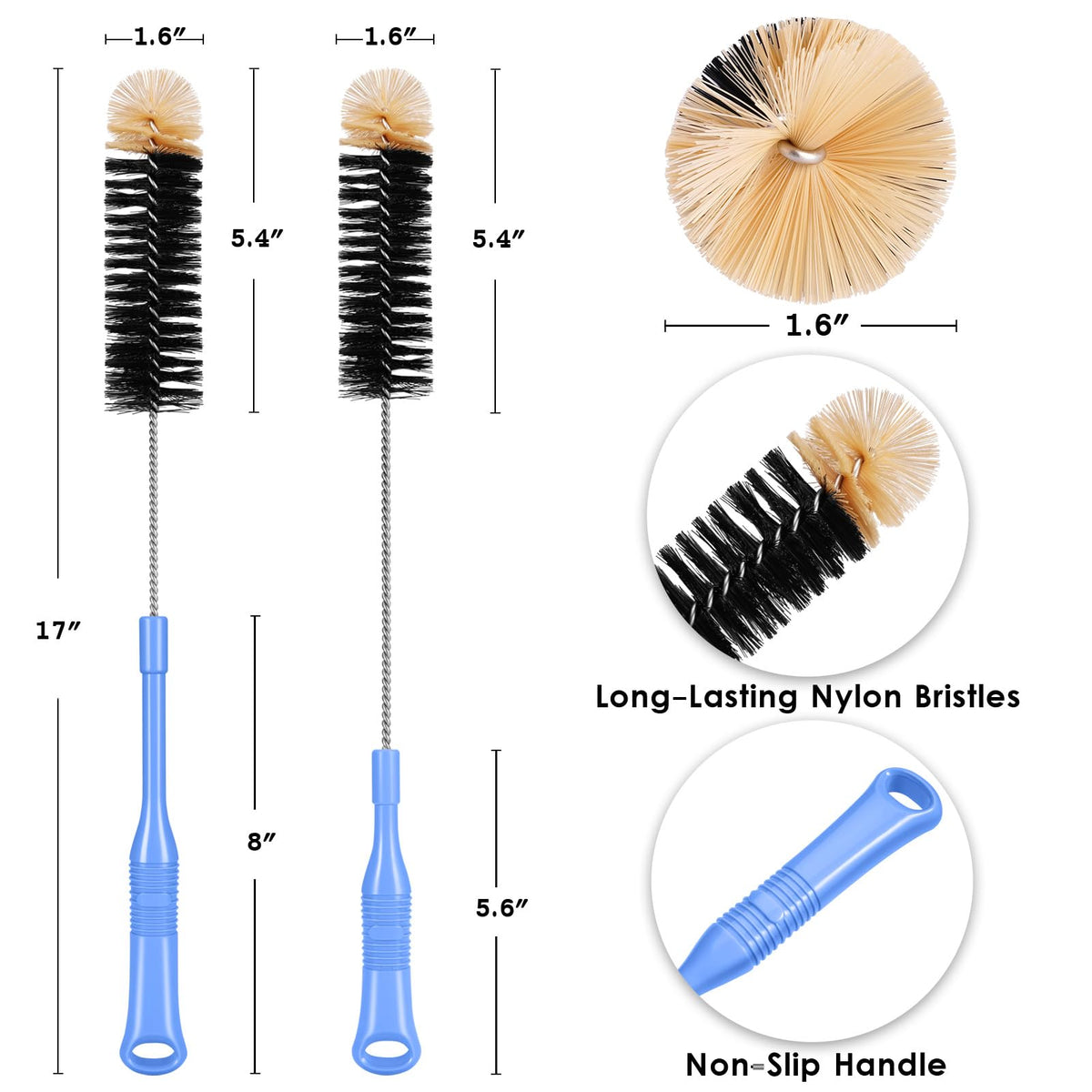 MOSOLAN Long Handle Bottle Brush, 17 Inch Bottle Brush Cleaner, 2 Pack