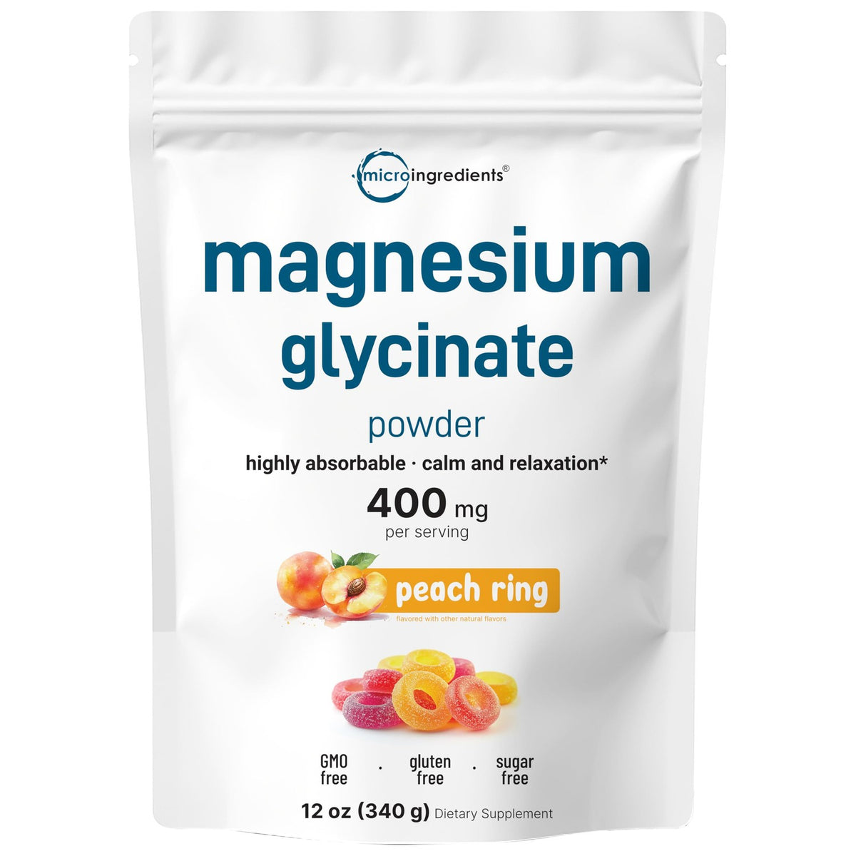 Magnesium Glycinate Powder, 12oz (56 Servings) | Sweet Peach Ring Flavored | Sleep, Muscle, Heart & Nerve Health Support* | Chelated Magnesium Supplement | Non-GMO, Vegan, Sugar Free