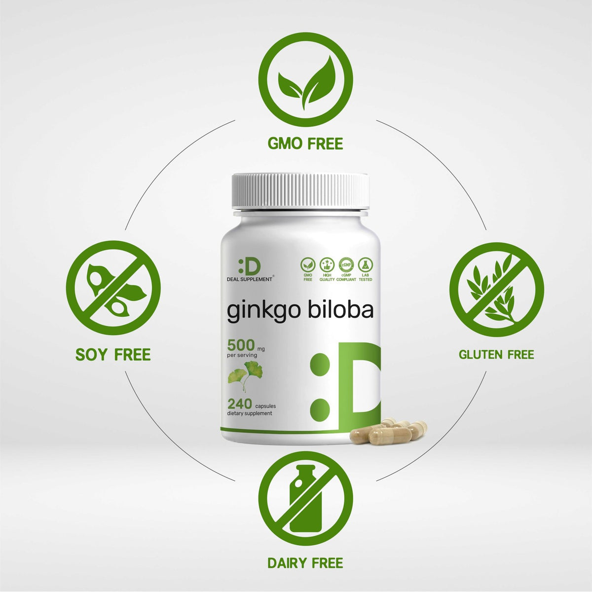 DEAL SUPPLEMENT Ginkgo Biloba 500mg Per Serving, 240 Capsules, 4 Month Supply – Grown in Northern Asia – Extra Strength, Promotes Brain Function