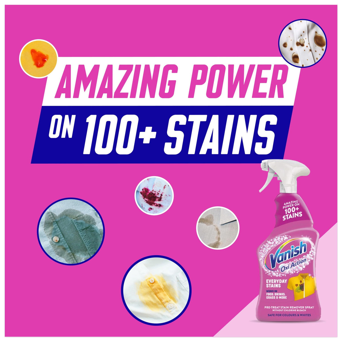 Vanish Oxi Action Pre-Treat For Tough Stains, Fabric Stain Remover Spray, Effective On 100+ Stains, Chlorine Bleach Free Formula, Safe on Everyday Fabrics, 500 ml, Pack of 1