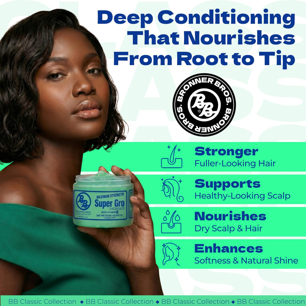 Bronner Bros Maximum Strength Super Gro Hair Grease & Scalp Treatment, 6oz | Hair Dress for Dry Scalp, Breakage Support, Shine & Healthy Hair, With Coconut Oil, Vitamins, Sage & Sulfur, All Hair Types