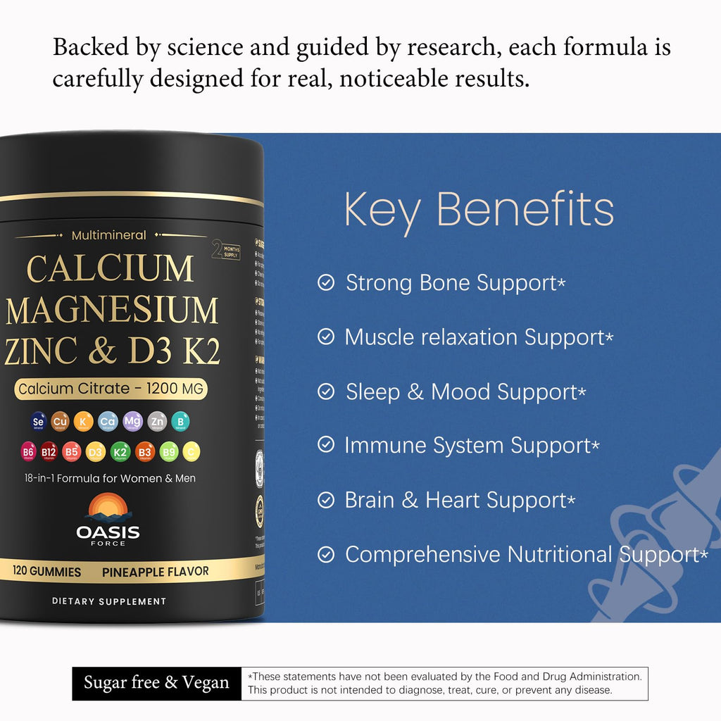 Calcium 1200 mg with Vitamin D3 Gummies, Calcium Citrate Supplements for Women & Men with Magnesium, Zinc, Vitamin D3 & K2, Potassium, Chews for Bone Strength & Muscle Support, Sugar Free, Vegan