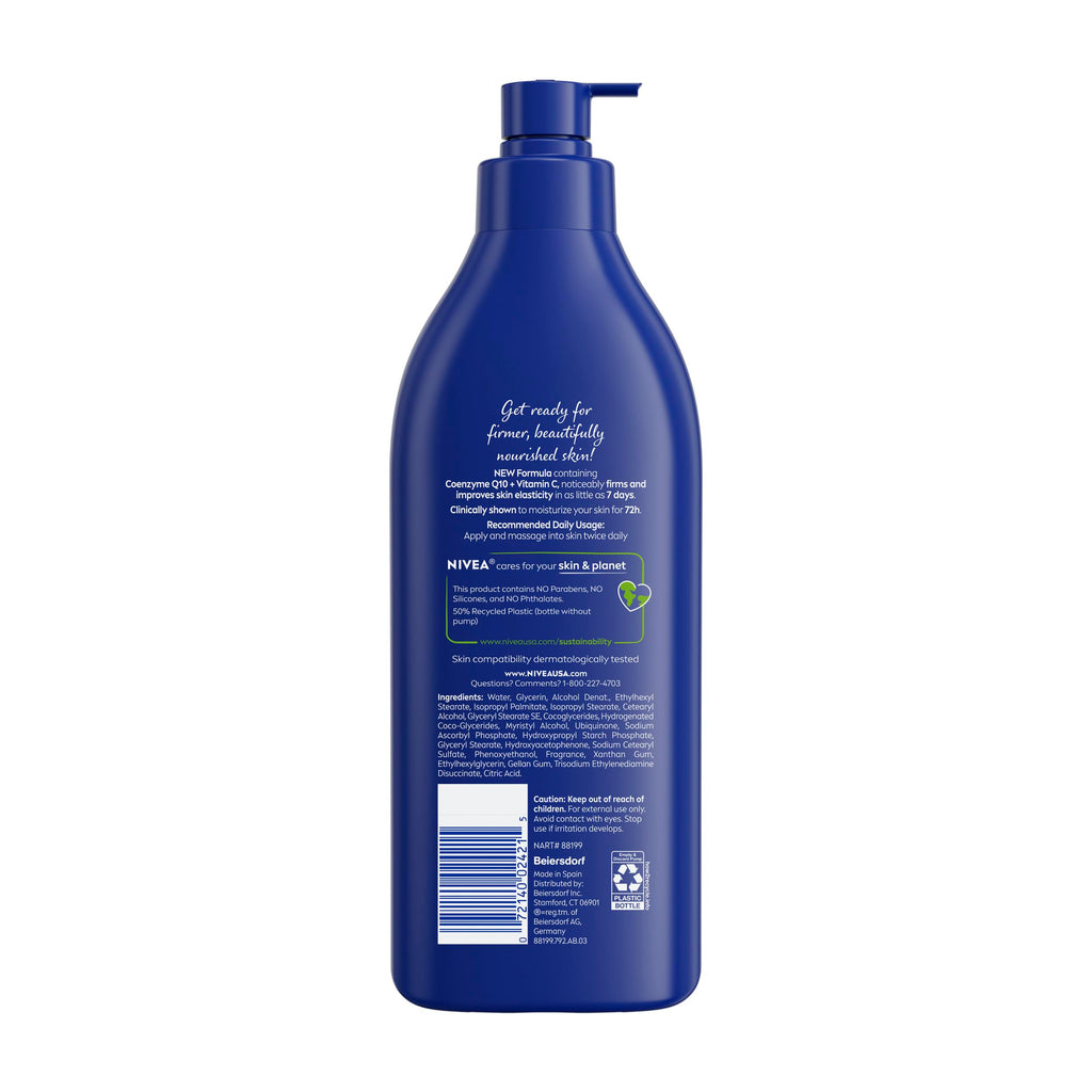 NIVEA Nourishing Hydration Skin Firming Body Lotion, 16.9 FL OZ | Q10 and Vitamin C Enriched Skin Firming Body Lotion for Dry Skin to Very Dry Skin, 72-Hour Body Moisturizer, Paraben Free