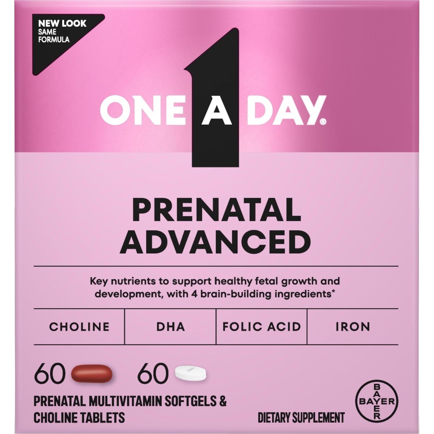 One A Day Prenatal Advanced- Prenatal Vitamins with Folic Acid, Choline, DHA & Iron, Pregnancy Vitamins for Women to Support Baby’s Development, 60+60 Ct (120 Total Set) (Packaging May Vary)