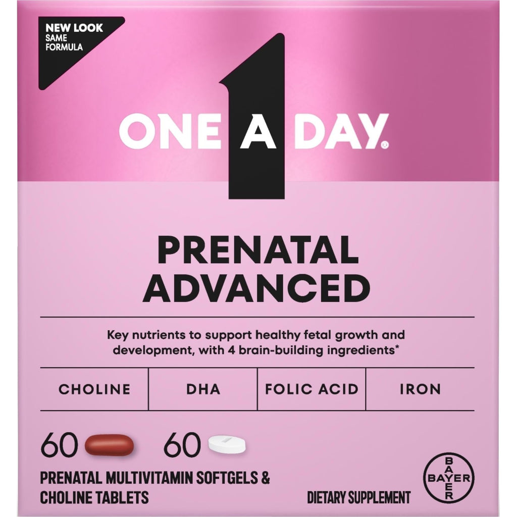 One A Day Prenatal Advanced- Prenatal Vitamins with Folic Acid, Choline, DHA & Iron, Pregnancy Vitamins for Women to Support Baby’s Development, 60+60 Ct (120 Total Set) (Packaging May Vary)