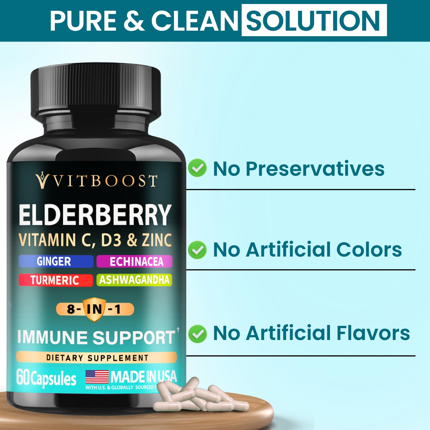 VITBOOST Elderberry Immune Support Supplement 8 in 1 with Vitamin D 5000 IU | Formula with Echinacea, Vitamin C & Zinc, Turmeric, Ginger, Ashwagandha - 60 Capsules