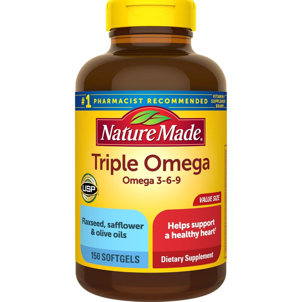 Nature Made Triple Omega 3 6 9 Supplements, 150 Softgels | Fish Free Omega 3 Fatty Acid Supplement with Flaxseed, Safflower & Olive Oils, Heart Health Support, 75 Day Supply