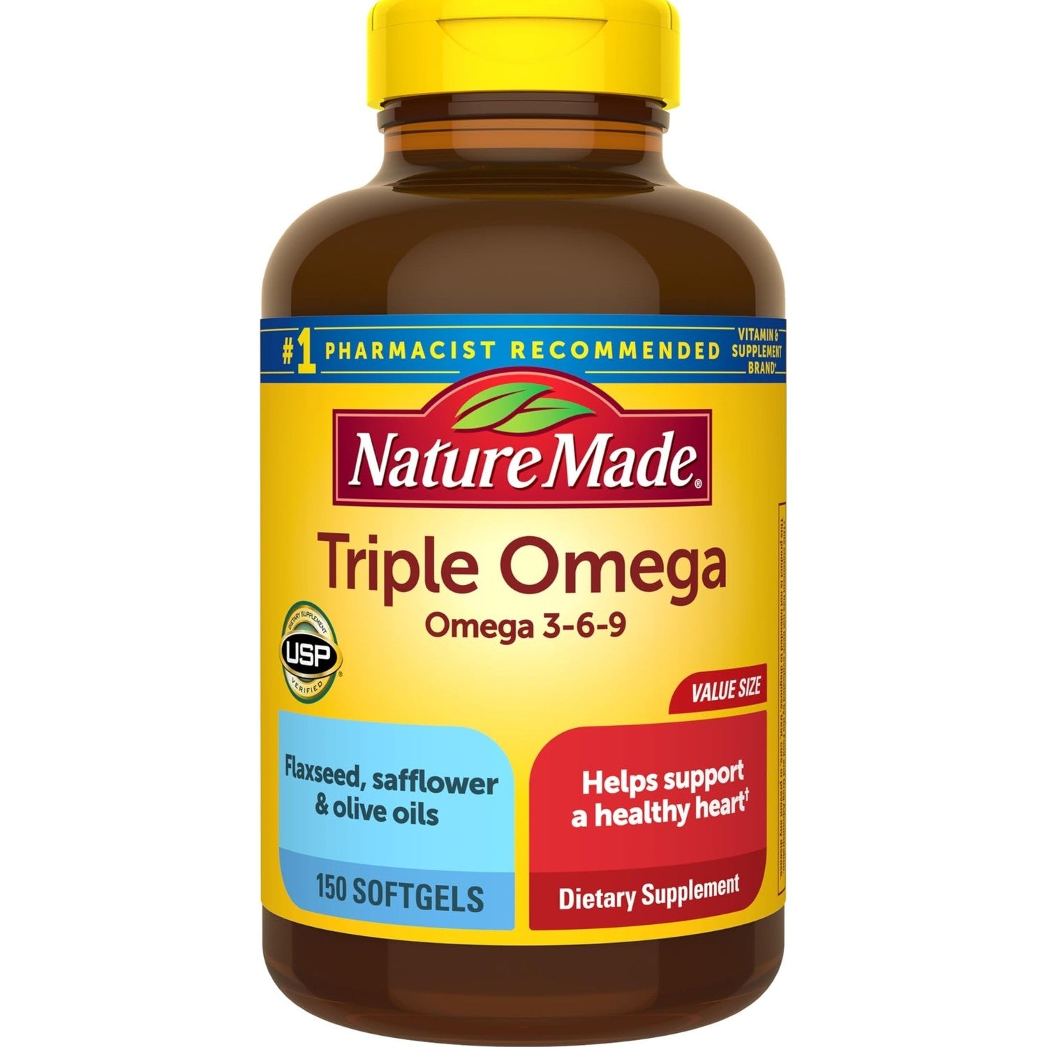 Nature Made Triple Omega 3 6 9 Supplements, 150 Softgels | Fish Free Omega 3 Fatty Acid Supplement with Flaxseed, Safflower & Olive Oils, Heart Health Support, 75 Day Supply