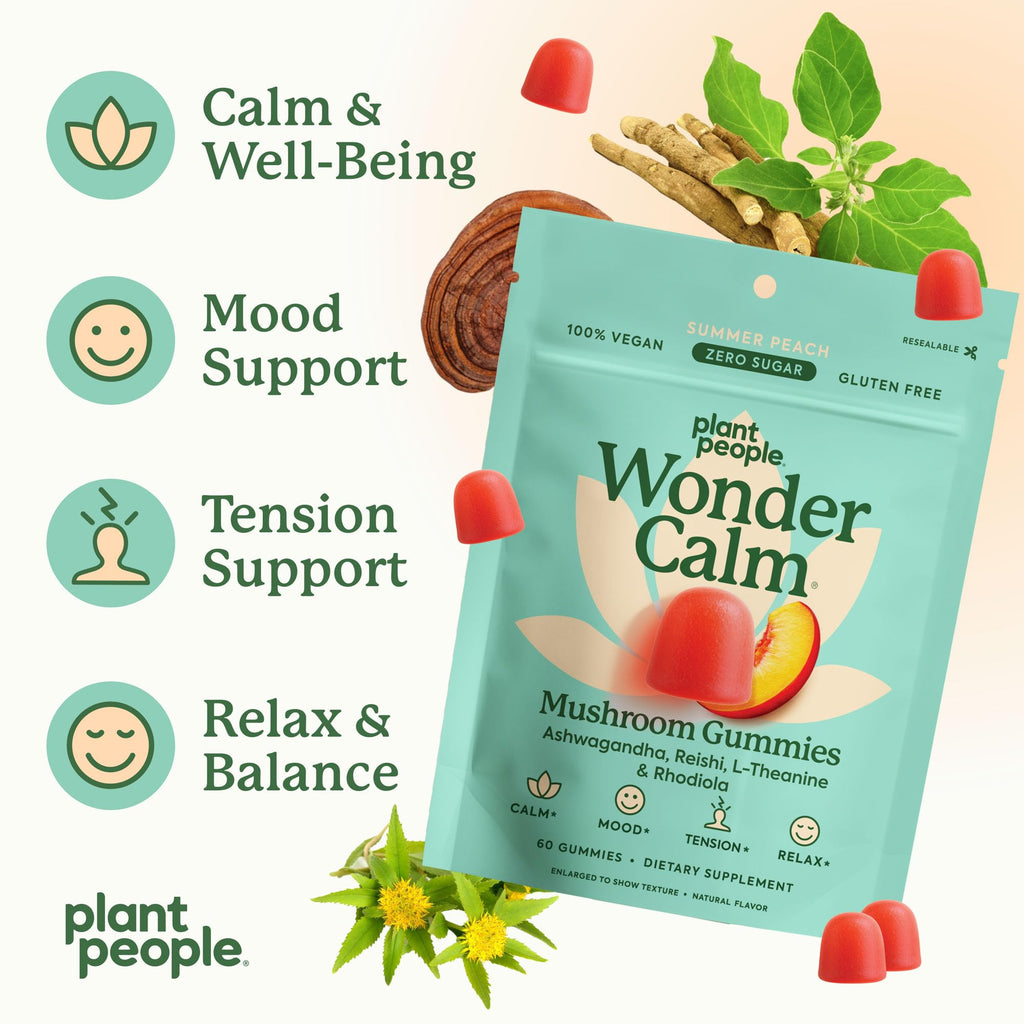 Plant People WonderCalm Mushroom & Ashwagandha Gummies, Peach Flavor 60ct | Natural Calm Gummies to Ease Stress & Boost Mood for Adults Without Sugar, Gluten or Artificial Colors, Vegan-Friendly
