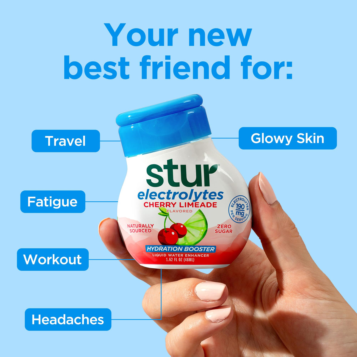 Stur Electrolyte Water Enhancer | Sweetened with Stevia | High in Antioxidant Vitamin C | Sugar Free | Zero Calories | Keto | Vegan | 5 Bottles, Makes 90 Drinks (Cherry Limeade)