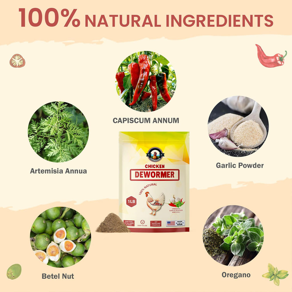 Natural Chicken Dewormer Powder, Chili Mix Formula, 1LB XL Pouch, Poultry Wormer for Laying Hens, Egg Safe, Gut Health Support, US-Made for Backyard Flocks