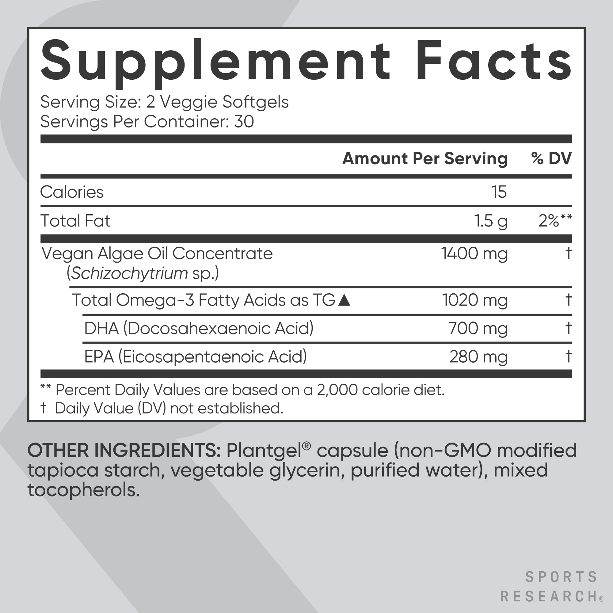 Sports Research® Vegan Omega-3 Algae Oil 1040mg, 60 Count Plantgels™ | Triglyceride Form EPA & DHA - Vegan, Non-GMO, Carrageenan-Free Softgel