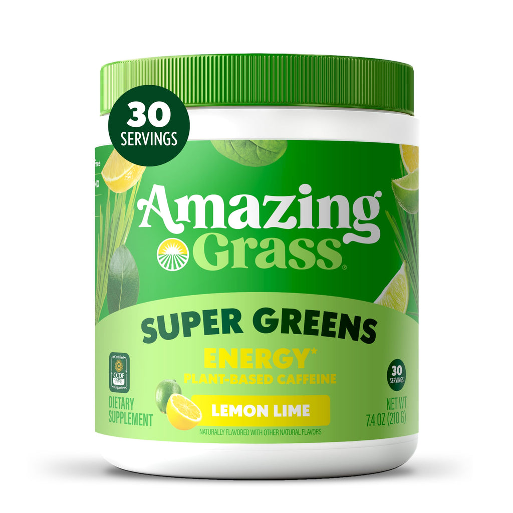 Amazing Grass Super Greens Powder Energy Lemon Lime, 30 Servings | Organic Energy Greens Powder with Plant-Based Caffeine, Yerba Mate & Green Tea Leaf for Sustained Energy & Focus