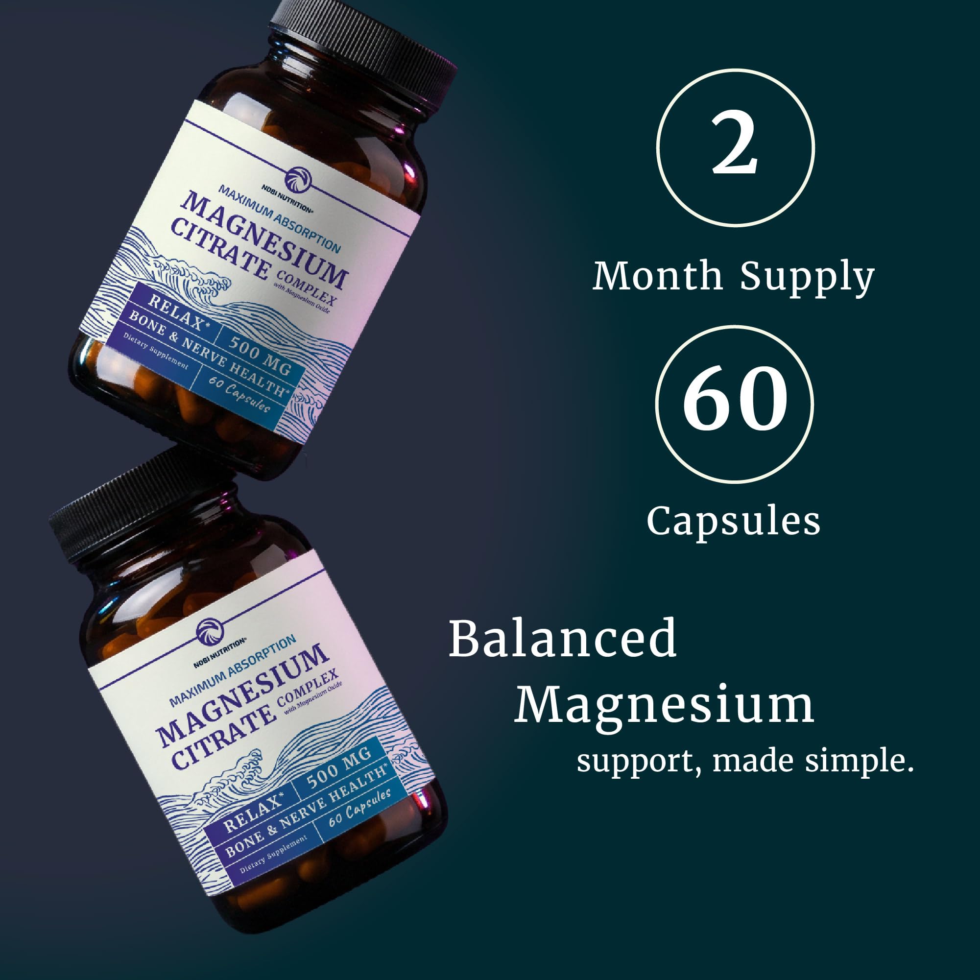 Magnesium Citrate Complex 500 MG, Constipation, Calm & Relaxation Support | High Absorption Magnesium Supplement, Digestion Support, Citrato de Magnesio, Non-GMO & Soy-Free, 60 Mag Citrate Capsules